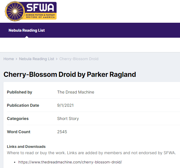 Screenshot of the page listing Cherry-Blossom Droid on the Nebula Reading List
